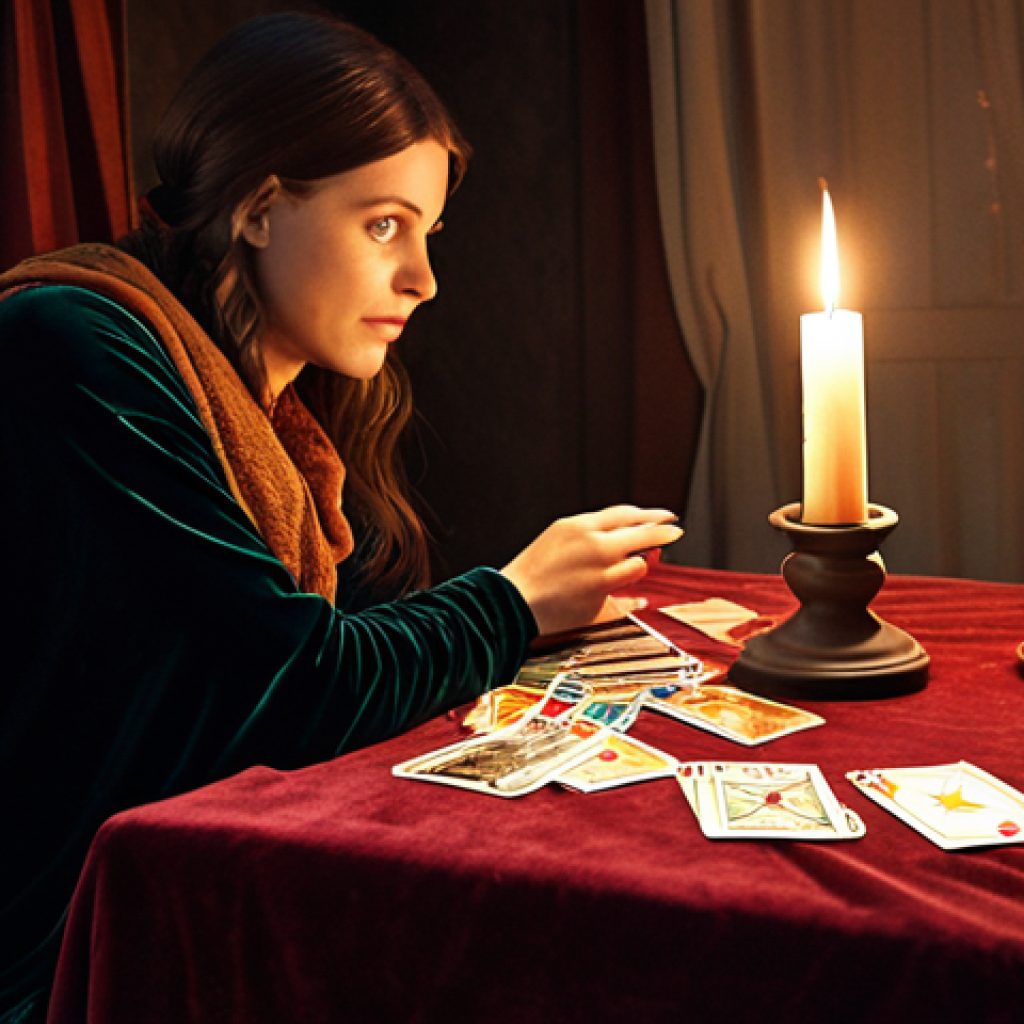 **A cozy, warmly lit room with a tarot reader laying out cards on a velvet-draped table. The reader, a kind-faced woman with gentle eyes, gestures towards the cards as she speaks to a client sitting across from her. Soft candlelight illuminates the scene, highlighting the intricate details of the tarot cards. The overall atmosphere should be mystical and inviting. Focus on capturing the feeling of self-reflection and insight.**