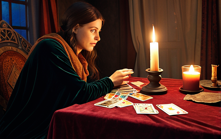 **A cozy, warmly lit room with a tarot reader laying out cards on a velvet-draped table. The reader, a kind-faced woman with gentle eyes, gestures towards the cards as she speaks to a client sitting across from her. Soft candlelight illuminates the scene, highlighting the intricate details of the tarot cards. The overall atmosphere should be mystical and inviting. Focus on capturing the feeling of self-reflection and insight.**