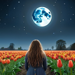 **A whimsical illustration depicting the phases of the moon (new moon, full moon, etc.) over a field of tulips in the Netherlands.  Include subtle, glowing energy around the full moon, and people gazing up at it with wonder. Incorporate elements of Dutch folklore.**
