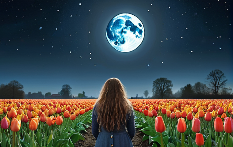 **A whimsical illustration depicting the phases of the moon (new moon, full moon, etc.) over a field of tulips in the Netherlands. Include subtle, glowing energy around the full moon, and people gazing up at it with wonder. Incorporate elements of Dutch folklore.**