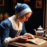 **Image Prompt:** A fortune teller reading tea leaves in a cozy, dimly lit Dutch home. Outside, it's Friday the 13th. The atmosphere is both superstitious and comforting, with traditional Dutch Delftware visible.