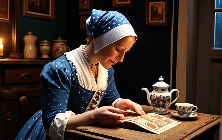 **Image Prompt:** A fortune teller reading tea leaves in a cozy, dimly lit Dutch home. Outside, it's Friday the 13th. The atmosphere is both superstitious and comforting, with traditional Dutch Delftware visible.